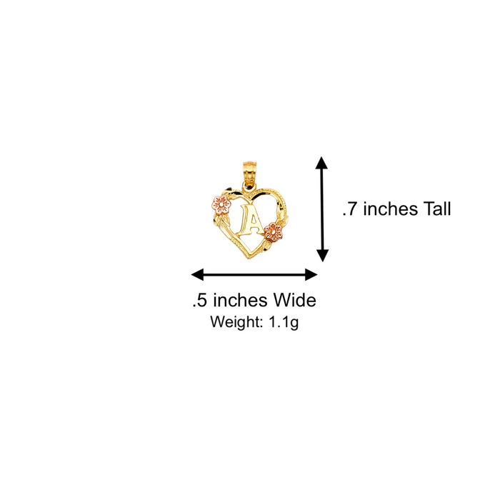 14k Gold Initial Necklace - Two Tone Flowers Heart Initial Gold Pendant - LE2052P