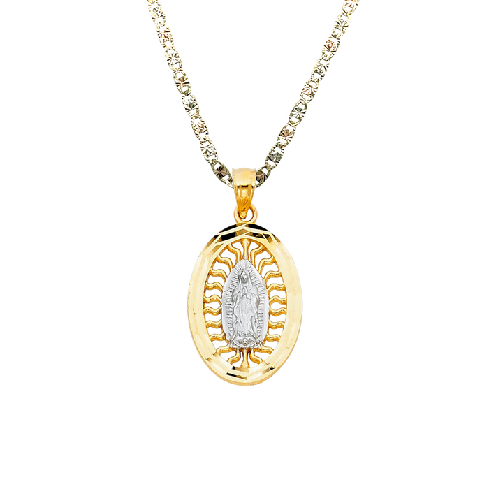 14k Gold Virgin Mary Necklace - Two Tone Radiant Virgin Mary Gold Pendant - Solid Chain - LE1103