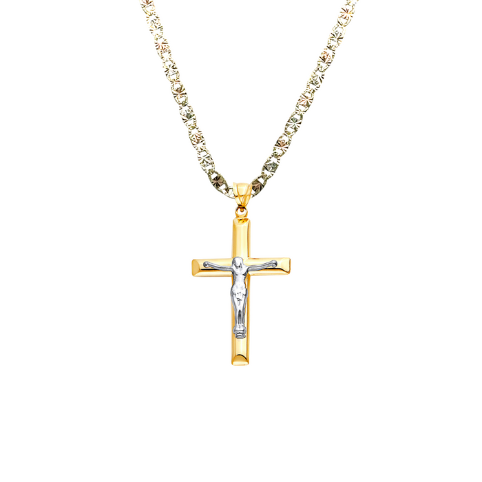 14k Gold Cross Necklace - Two Tone High Polish Gold Crucifix - Solid Chain - LE2528
