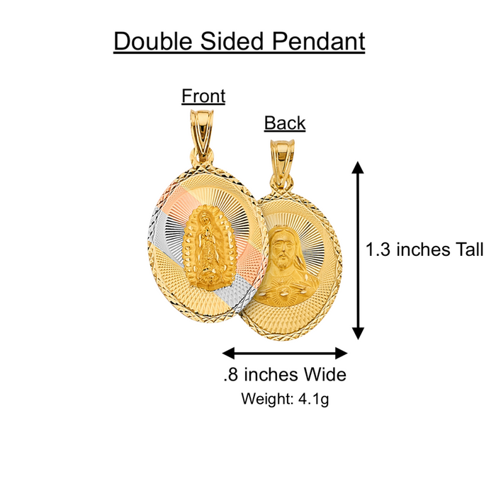 14k Gold Virgin Mary Necklace - Tri Tone Diamond Cut Double Sided Virgin Mary Sacred Heart Gold Pendant - Solid Chain - LE3149