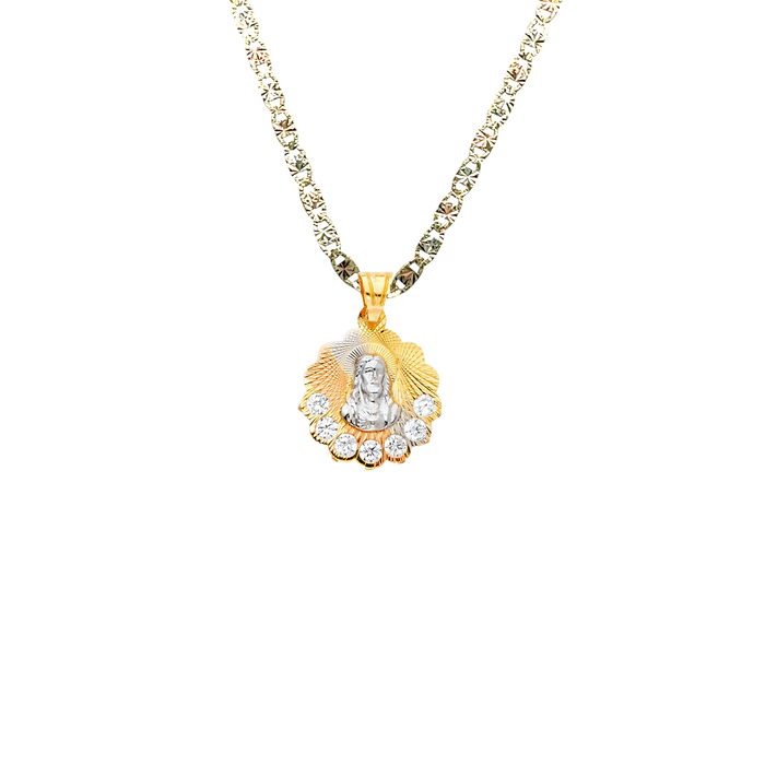 14k Gold Jesus Necklace - Tri Tone Gemstone Diamond Cut Sacred Heart Jesus Gold Pendant - Solid Chain - LE1300