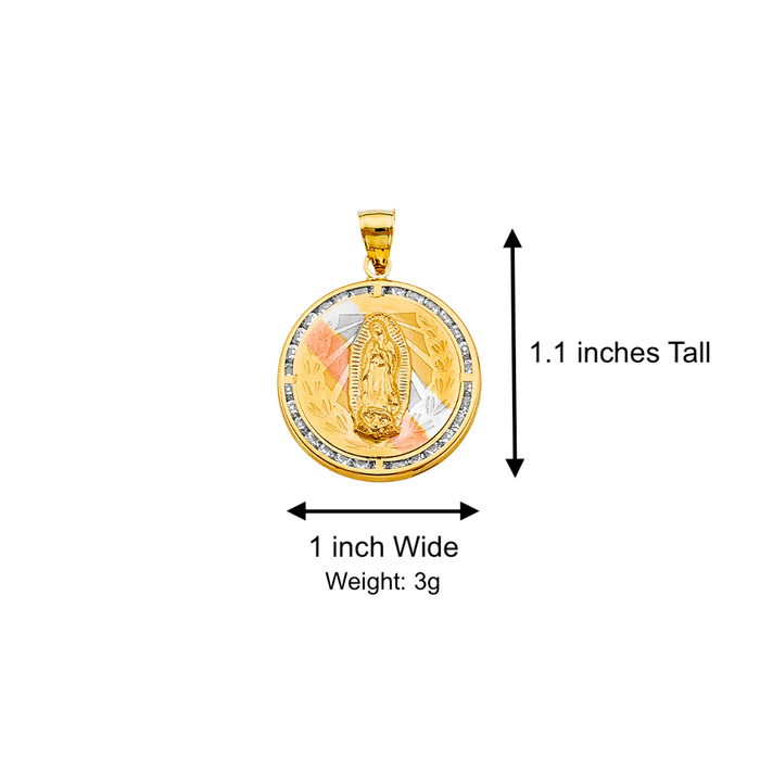 14k Gold Virgin Mary Necklace - Tri Tone Round Gemstone Virgin Mary Gold Pendant - Solid Chain - LE2722