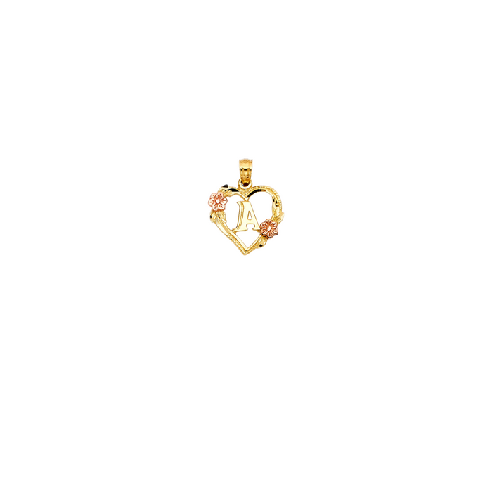 14k Gold Initial Necklace - Two Tone Flowers Heart Initial Gold Pendant - LE2052P