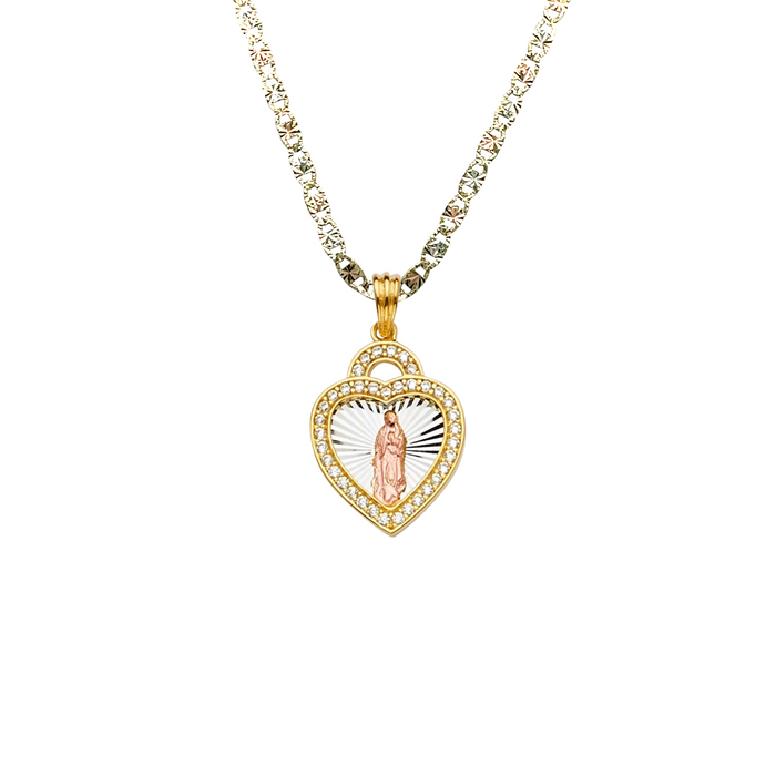 14k Gold Virgin Mary Necklace - Two Tone Heart Gemstone Virgin Mary Gold Pendant - Solid Chain - LE2295