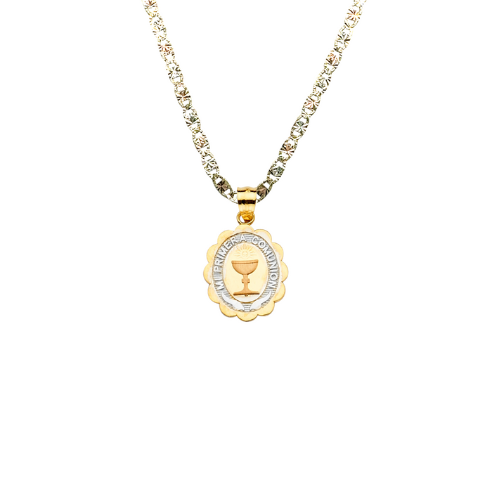 14k Gold First Communion Necklace - Tri Tone Mi Primera Comunion Gold Pendant - Solid Chain - LE2278