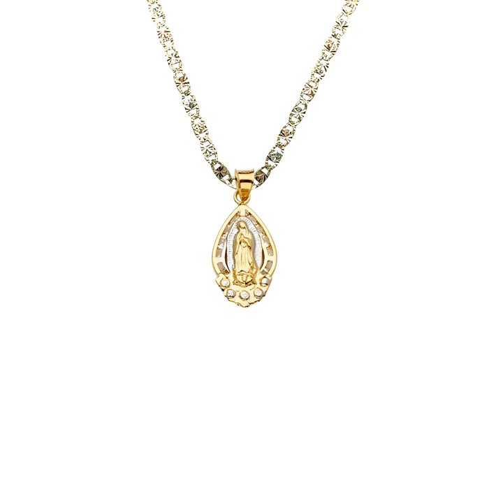 14k Gold Virgin Mary Necklace - Two Tone Gemstone Virgin Mary Gold Pendant - Solid Chain - LE2299
