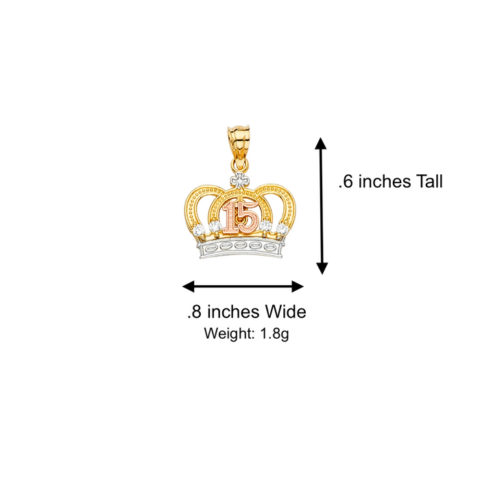 14k Quince Gold Necklace - Tri Tone Gemstone Crown 15 Gold Pendant - Solid Chain - LE2147