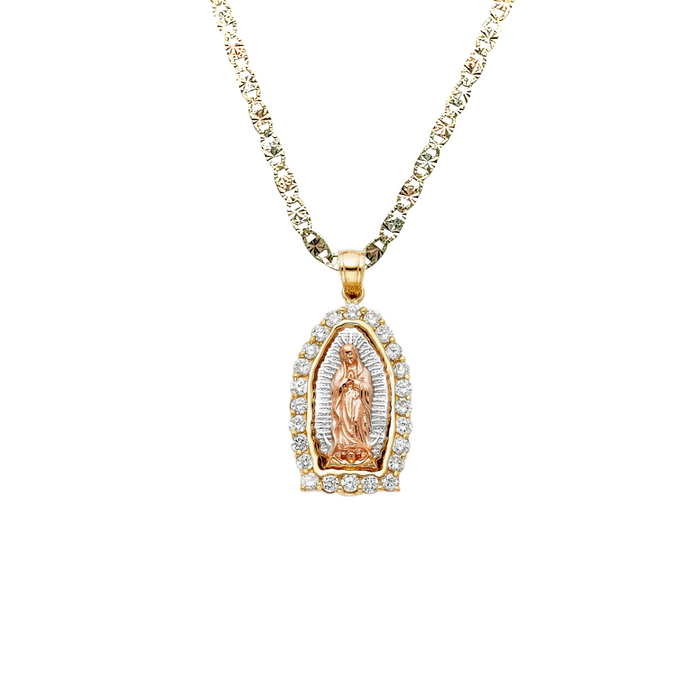 14k Gold Virgin Mary Necklace - Tri Color Gemstone Bezel Virgin Mary Gold Pendant - Solid Chain - LE0392