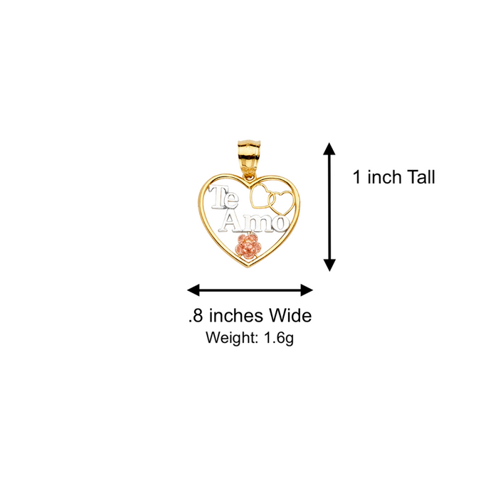 14k Gold Heart Necklace - Tri Tone Te Amo Flower Gold Heart Pendant - Solid Chain - LE2378
