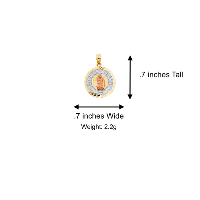 14k Quince Gold Necklace - Tri Tone Virgin Mary Mis 15 Años Gold Pendant - Solid Chain - LE1895