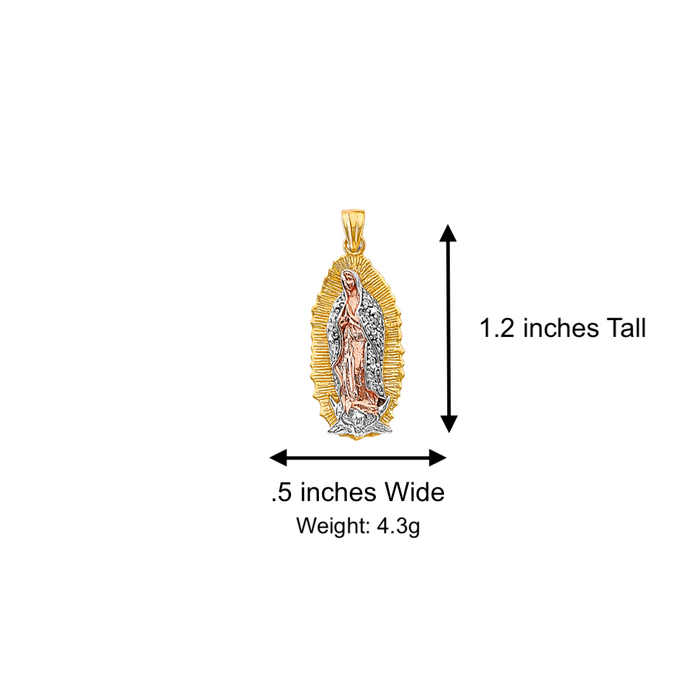 14k Gold Virgin Mary Necklace - Tri Tone Green Gemstone Cloak Virgin Mary Gold Pendant - Solid Chain - LE3180