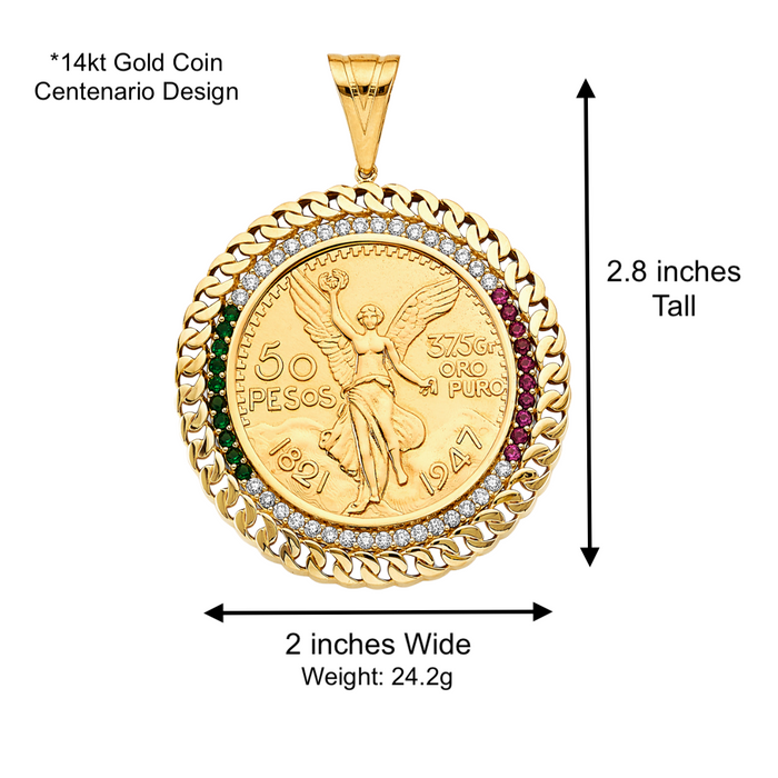 14k Gold Centenario De Oro Necklace - Red White Green Gemstones Cuban Link Bezel - Solid Figaro Chain - LE2757