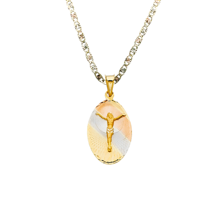14k Gold Jesus Necklace - Tri Tone Oval Diamond Cut Jesus Gold Pendant - Solid Chain - LE0324