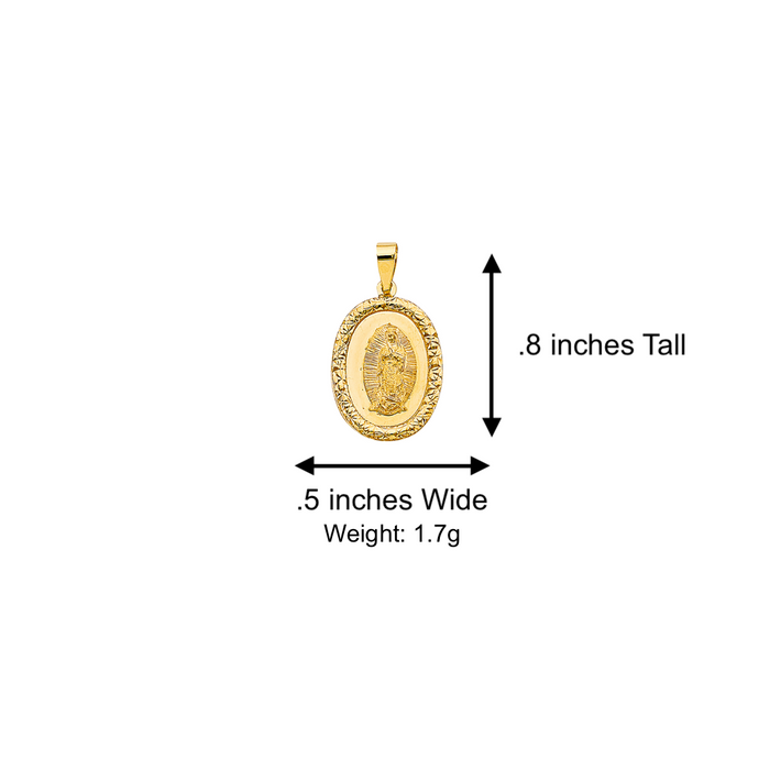 14k Gold Virgin Mary Necklace - Textured Edge Oval Virgin Mary Gold Pendant - Solid Chain - LE3066