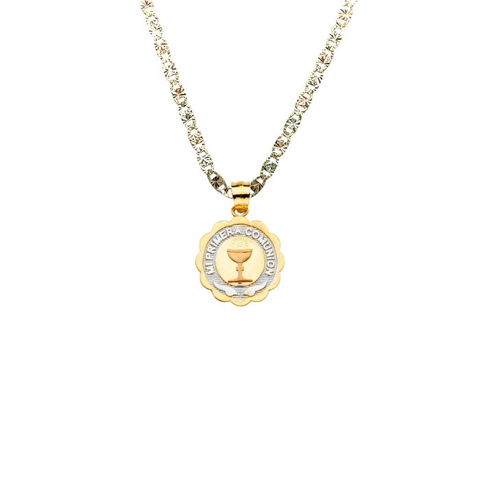 14k Gold First Communion Necklace - Tri Tone Mi Primera Comunion Gold Pendant - Solid Chain - LE2280