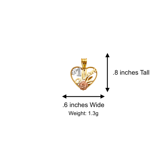 14k Gold Mom Necklace - #1 Mom Tri Tone Heart Gold Pendant - Solid Chain - LE2699