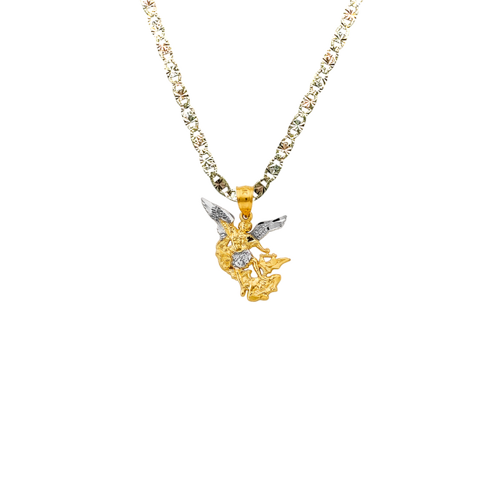 14k Gold Saint Michael Pendant - Two Tone Archangel Gold Pendant - Solid Chain - LE2776