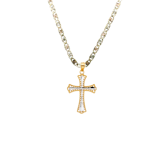 14k Gold Cross Necklace - Two Tone Diamond Cut Gold Cross - Solid Chain - LE0919