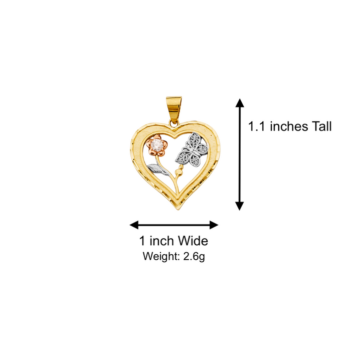 14k Gold Heart Necklace - Tri Tone Gemstone Flower Butterfly Gold Heart Pendant - Solid Chain - LE2926