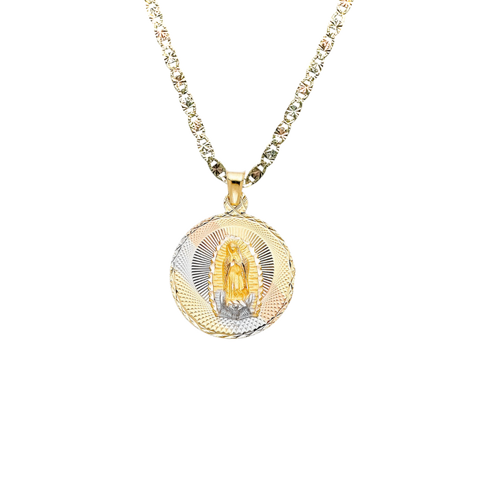 14k Gold Virgin Mary Necklace - Tri Tone Diamond Cut Double Sided Virgin Mary Sacred Heart Gold Pendant - Solid Chain - LE0311