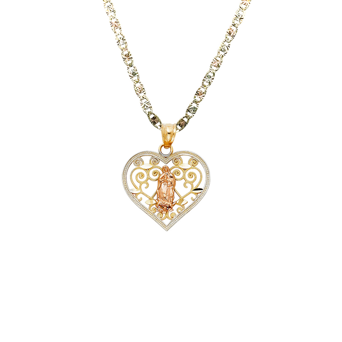 14k Gold Virgin Mary Necklace - Two Tone Heart Virgin Mary Gold Pendant - Solid Chain - LE0386