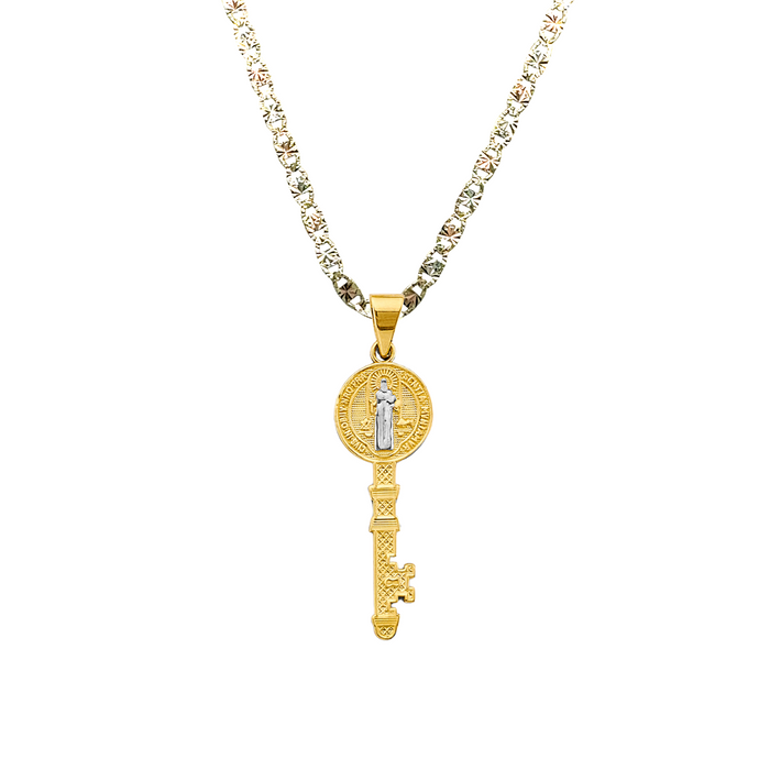 14k Gold Medalla San Benito - Two Tone Key San Benito Gold Pendant - Solid Chain - LE2877