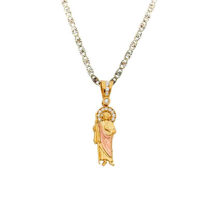 14k Gold San Judas Chain - Two Tone Gemstone Halo San Judas Pendant - Solid Chain - LE1140