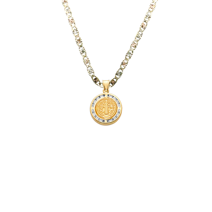 14k Gold Medalla San Benito - Double Sided Gemstone San Benito Gold Pendant - Solid Chain - LE2517