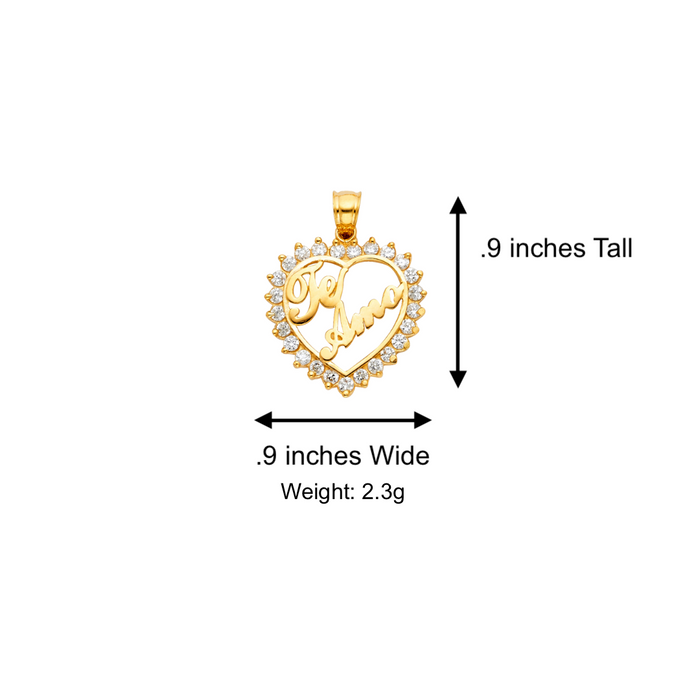 14k Gold Heart Necklace - Gemstone Te Amo Gold Heart Pendant - Solid Chain - LE1857