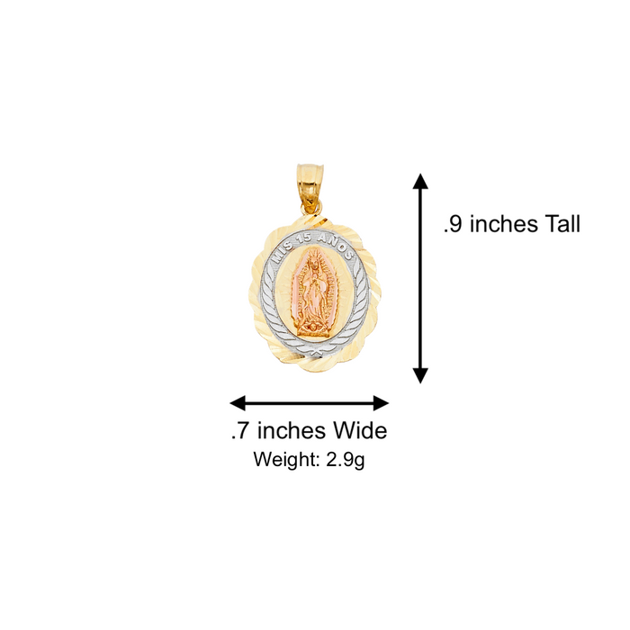 14k Quince Gold Necklace - Tri Tone Virgin Mary Mis 15 Años Gold Pendant - Solid Chain - LE1899