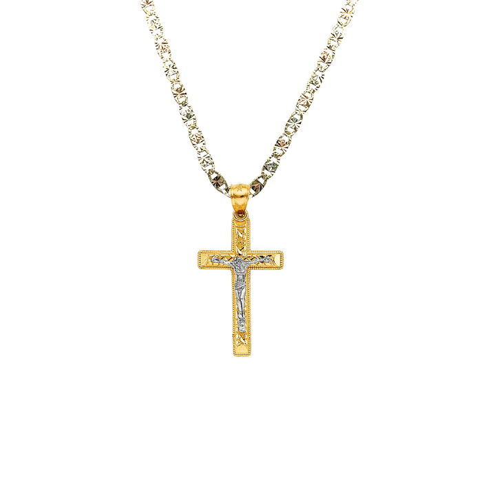 14k Gold Cross Necklace - Two Tone Nugget Design Gold Crucifix - Solid Figaro Chain - LE2592