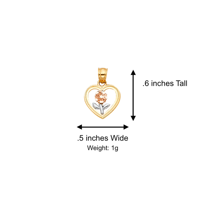 14k Gold Heart Necklace - Tri Tone Flower Gold Heart Pendant - Solid Chain - LE0395