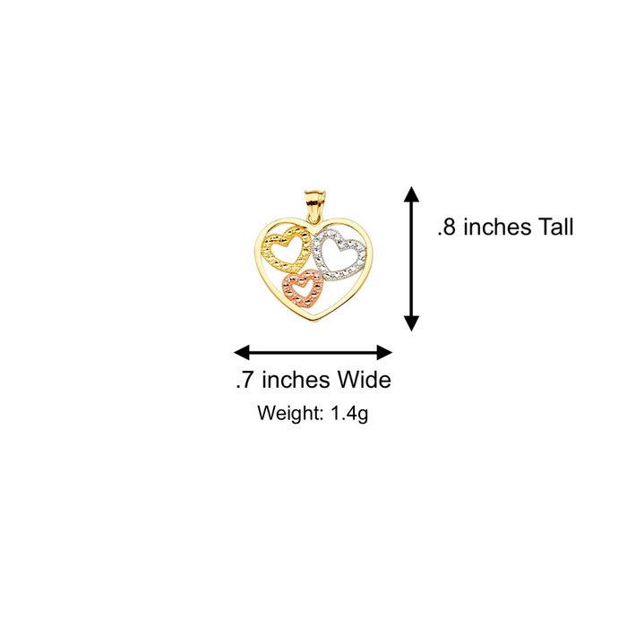 14k Gold Heart Necklace - Tri Tone Gold Hearts Pendant - Solid Chain - LE2367