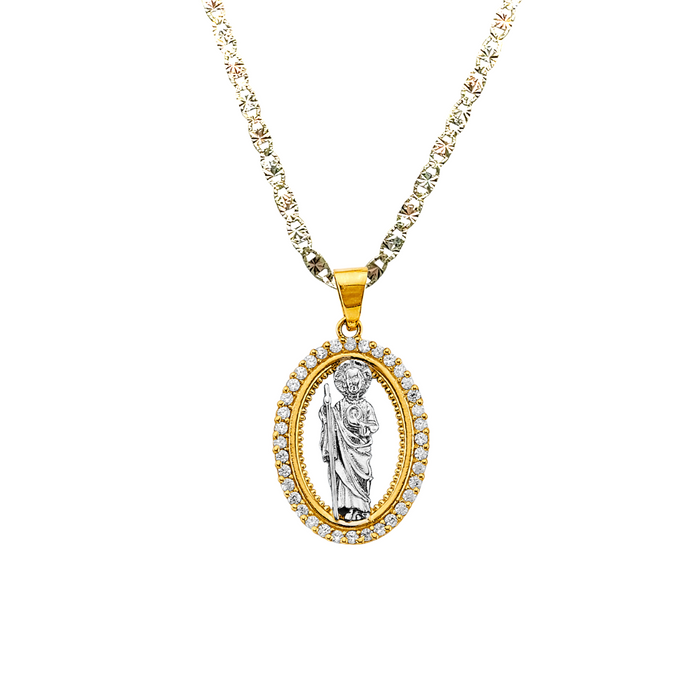 14k Gold San Judas Chain - Two Tone Oval Gemstone San Judas Pendant - Solid Chain - LE3075