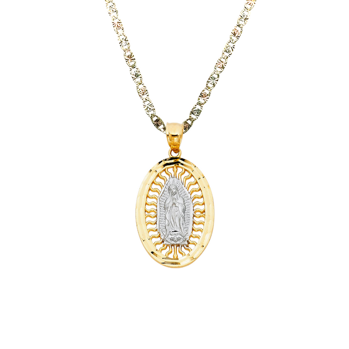 14k Gold Virgin Mary Necklace - Two Tone Radiant Oval Virgin Mary Gold Pendant - Solid Chain - LE1102