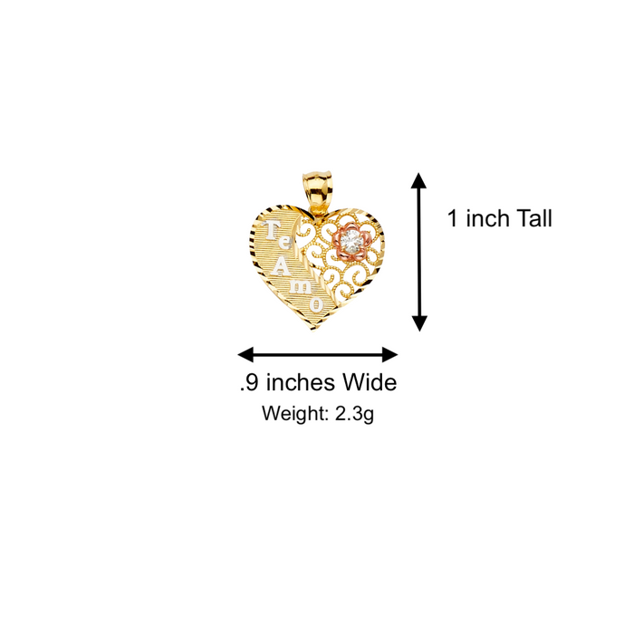 14k Gold Heart Necklace - Te Amo Flower Gemstone Gold Heart Pendant - Solid Chain - LE2379