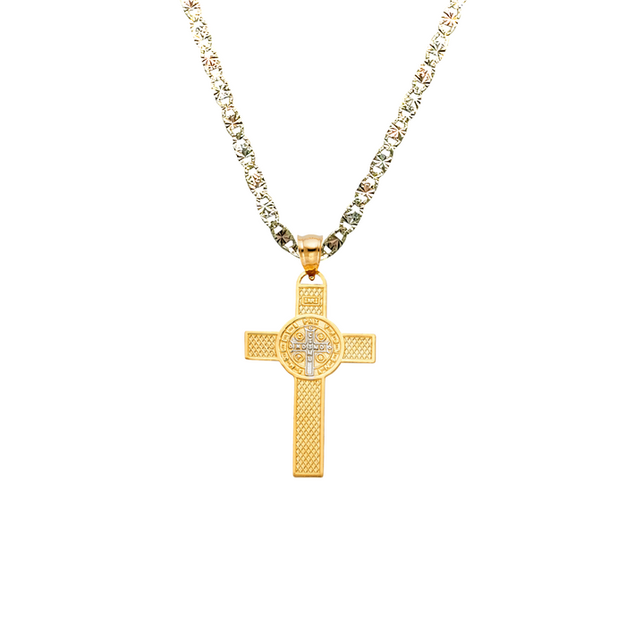 14k Gold Medalla San Benito - Two Tone San Benito Cross Gold Pendant - Solid Chain - LE1147
