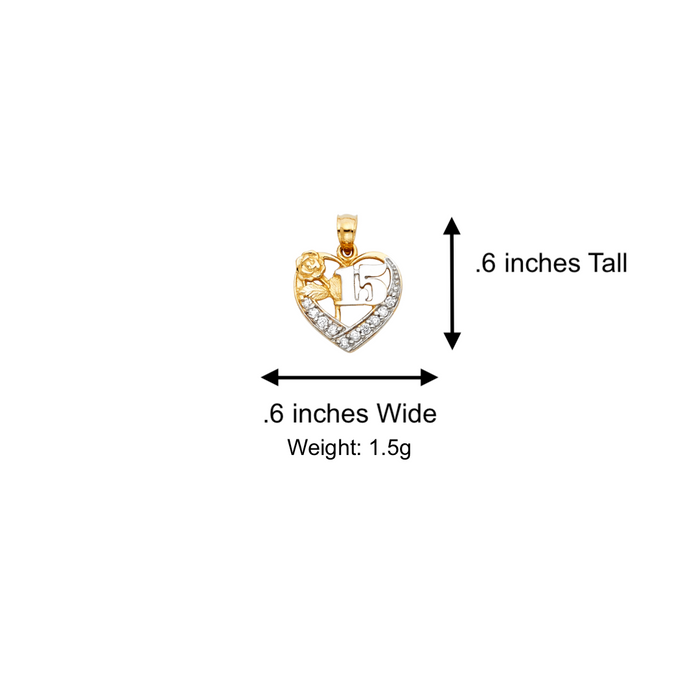 14k Quince Gold Necklace - Two Tone Gemstone Heart 15 Años Gold Pendant - Solid Chain - LE1878