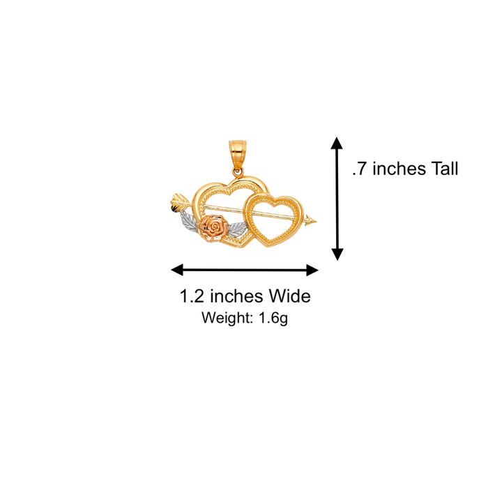 14k Gold Heart Necklace - Tri Tone Flower Arrow Gold Heart Pendant - Solid Chain - LE0418
