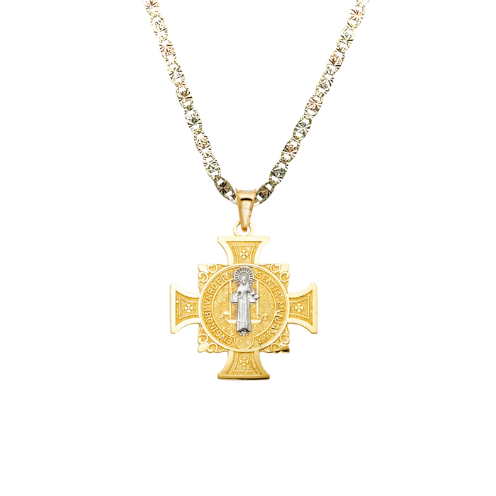 14k Gold Medalla San Benito - Two Tone San Benito Cross Gold Pendant - Solid Chain - LE0103