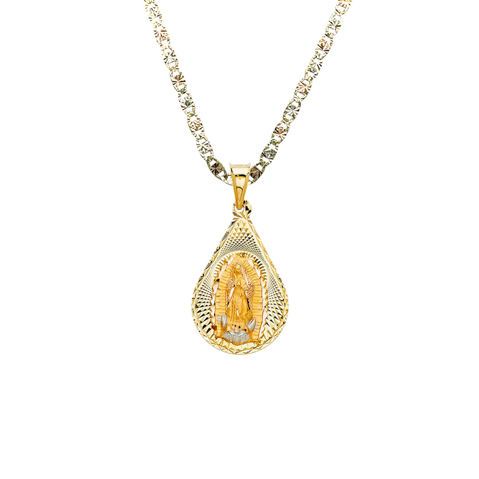 14k Gold Virgin Mary Necklace - Diamond Cut Teardrop Virgin Mary Gold Pendant - Solid Chain - LE0347