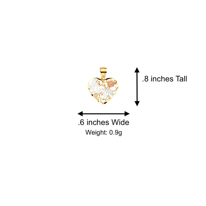 14k Gold Heart Necklace - Tri Tone I Love You Flower Gold Heart Pendant - Solid Chain - LE2377