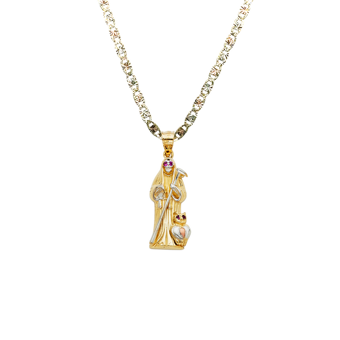 14k Gold Santa Muerte Necklace - Two Tone Gemstone Eyes Santa Muerte Gold Pendant - Solid Chain - LE2126