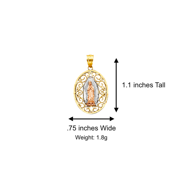 14k Gold Virgin Mary Necklace - Tri Tone Filigrano Oval Virgin Mary Gold Pendant - Solid Chain - LE2809