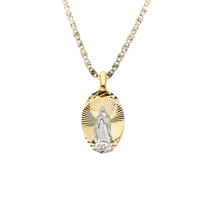 14k Gold Virgin Mary Necklace - Two Tone Diamond Cut Oval Virgin Mary Gold Pendant - Solid Chain - LE2291