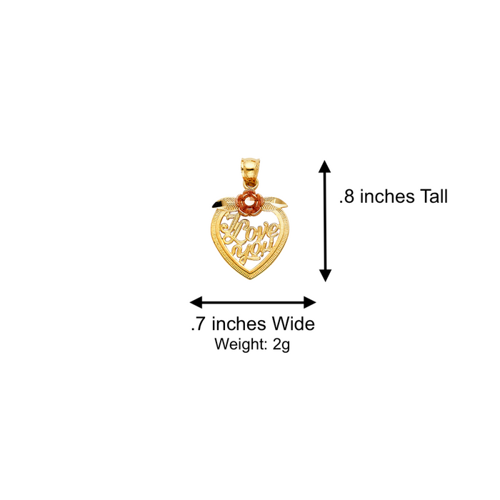 14k Gold Heart Necklace - I Love You Two Tone Flower Gold Heart Pendant - Solid Chain - LE0416