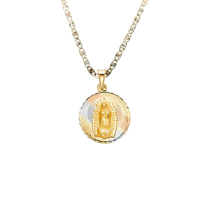 14k Gold Virgin Mary Necklace - Tri Tone Diamond Cut Virgin Mary Gold Pendant - Solid Chain - LE0291