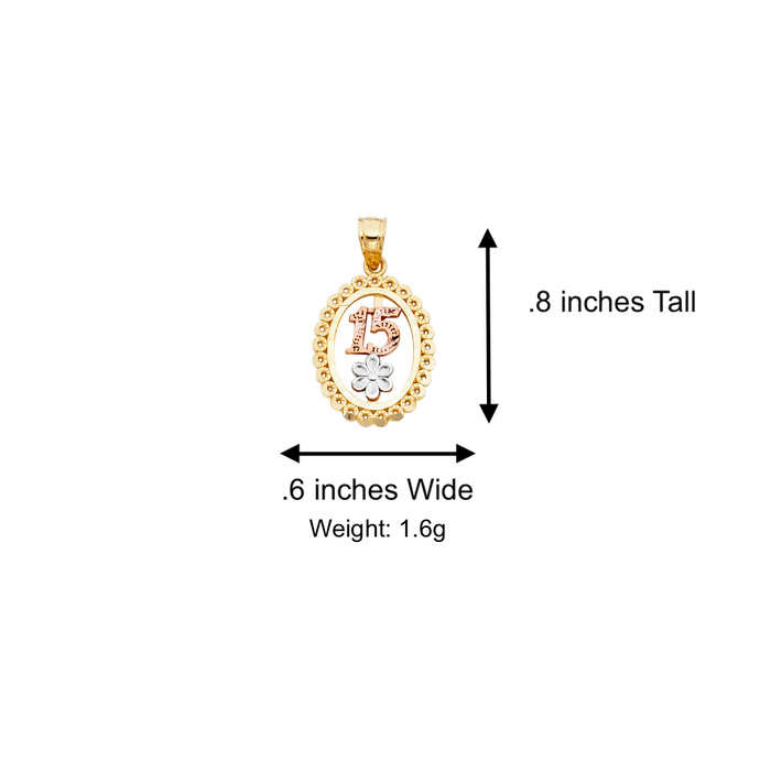 14k Quince Gold Necklace - Tri Tone Flower 15 Gold Pendant - Solid Chain - LE1904
