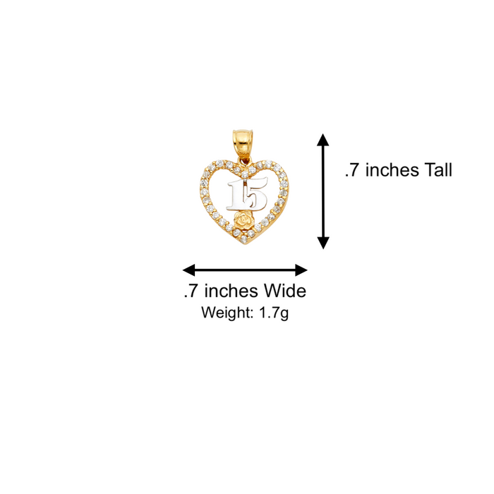 14k Quince Gold Necklace - Two Tone Gemstone Heart 15 Gold Pendant - Solid Chain - LE1877