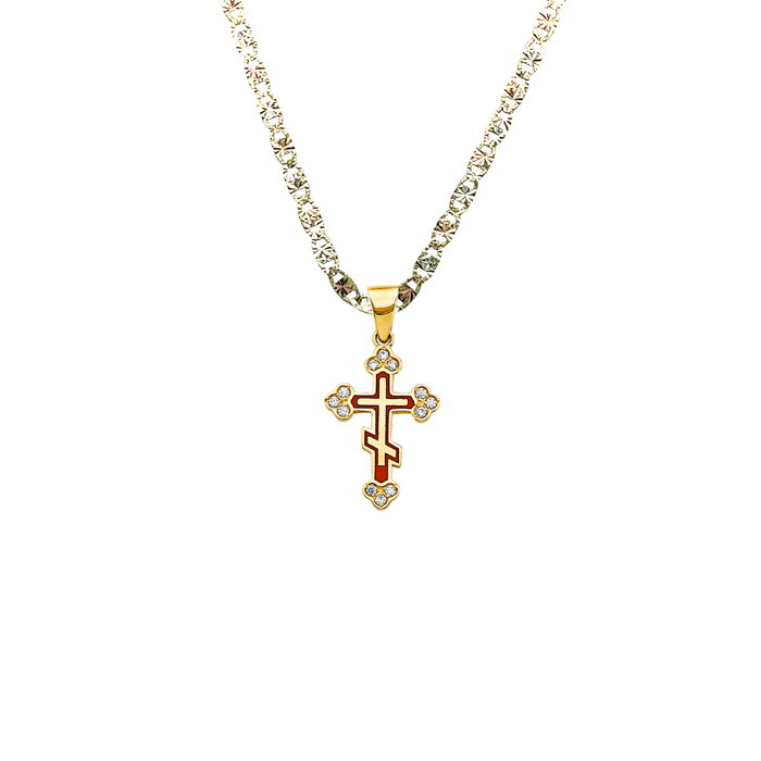 14k Gold Cross Necklace - Enamel Gemstone Gold Cross - Solid Chain - LE2612
